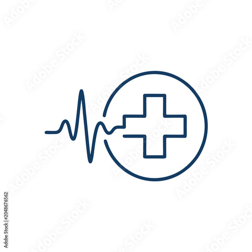 Cardiology pulse line graphic leading to a plus sign within a circle representing medical care and health assessment conveying vital signs and well being technology for healthcare and emergency