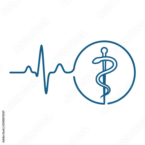 Heartbeat line connects to a medical caduceus symbol within a circle representing health care and emergency services with pulse rhythm indicating life and well being science medical concept for