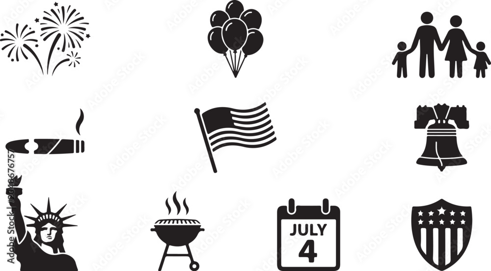 Fototapeta premium Patriotic and holiday-themed line icons featuring American symbols and festive elements for graphic design projects.