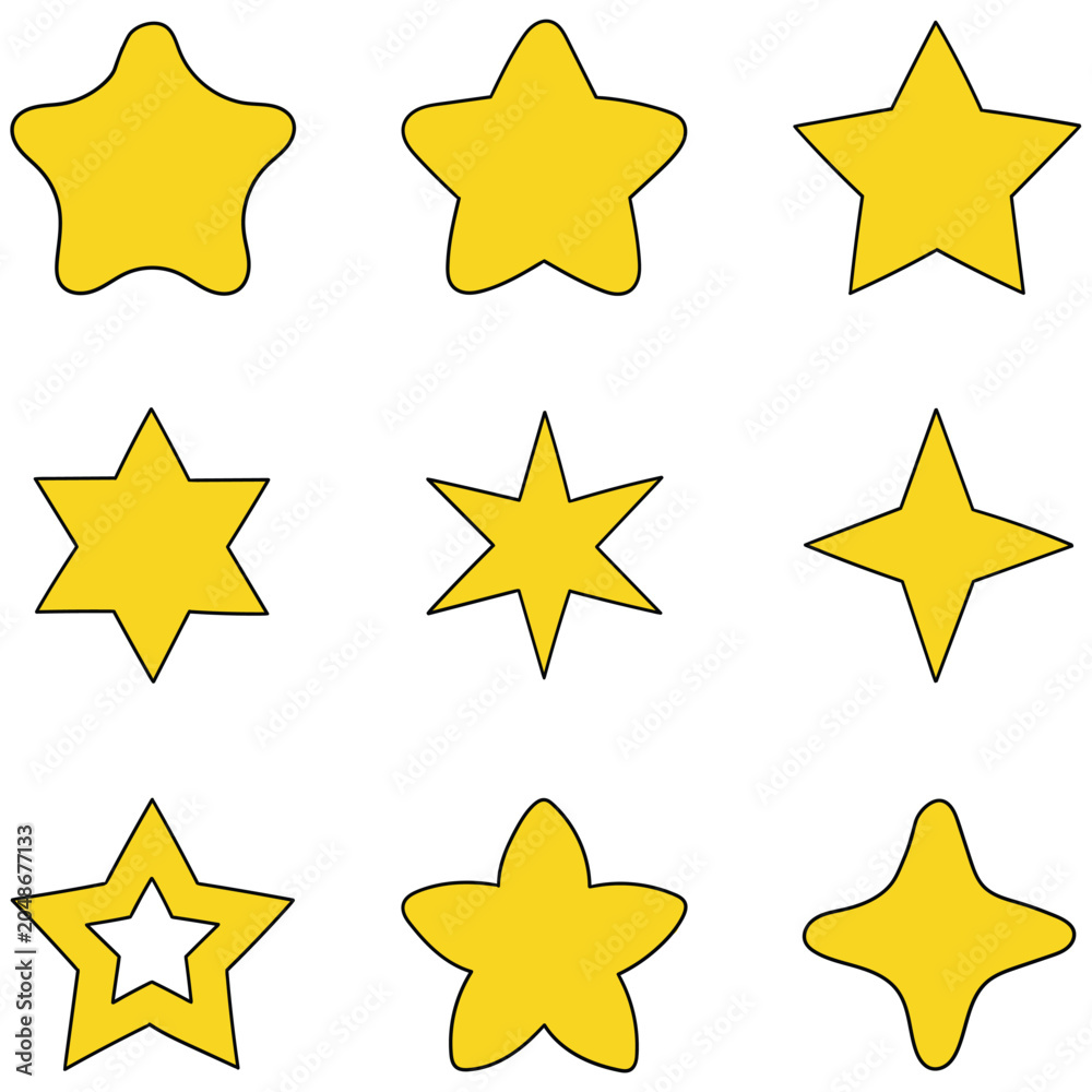 Obraz premium Hand-drawn cartoon set of yellow stars on a white background.