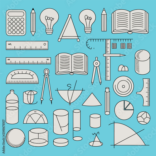 School Study Equipment Vector Collection Including Compass Ruler Protractor Calculator and Books