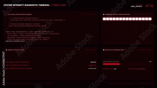 Futuristic Cyber Security System Diagnostic Terminal Red Screen.
