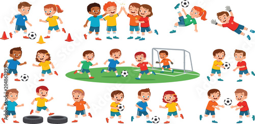 Cute cartoon children playing football match and exercising at a soccer sports camp vector