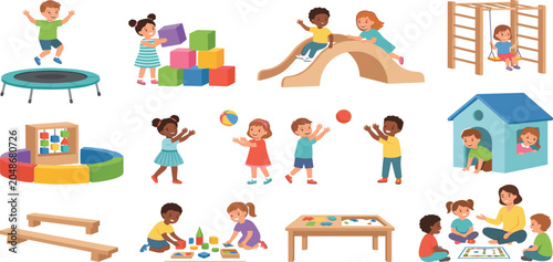 Cuadro en lienzo Cute cartoon children playing with diverse toys at kindergarten indoor and outdo