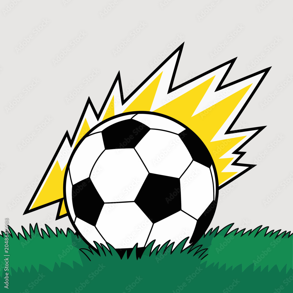 Fototapeta premium Dynamic soccer ball on green grass with a yellow comic style impact burst effect representing power and speed vector illustration