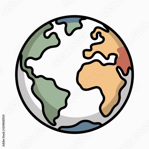 Stylized colorful globe illustration showing simplified continents and oceans with bold black outlines on a white background for global concept design