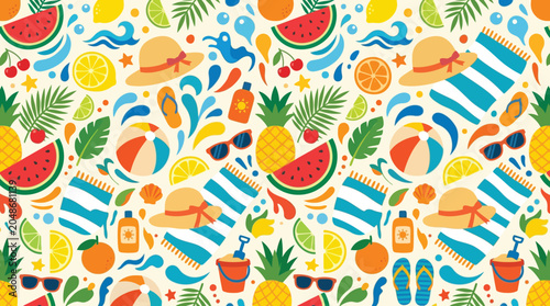 Vibrant Summer Beach Party Seamless Pattern with Tropical Fruits, Sun, and Beach Essentials