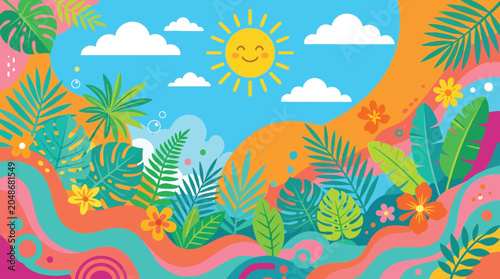 Vibrant Tropical Summer Landscape Illustration with Smiling Sun and Lush Exotic Foliage, Perfect for Joyful Vacation Backgrounds, Banners, and Creative Designs