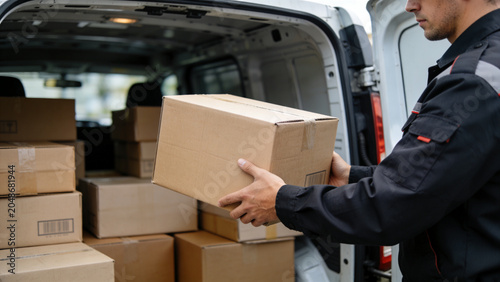 Delivery driver unloading cardboard package from van, logistics and shipping concept