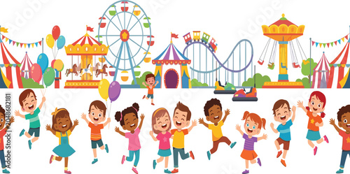 Happy cartoon children jumping with joy at a summer carnival amusement park vector illustration