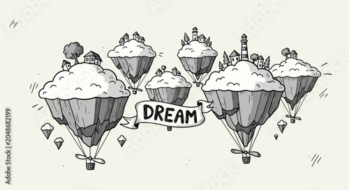 Floating Dream Islands Sketch with Houses and Lighthouses