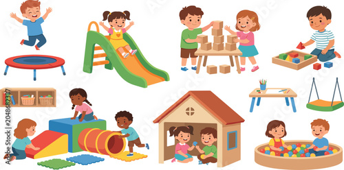 фотографія Happy cartoon children playing inside a preschool nursery playroom and outdoor p