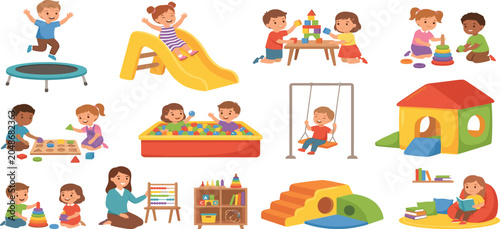 Fotografie Happy cartoon children playing in a kindergarten playground and indoor playroom