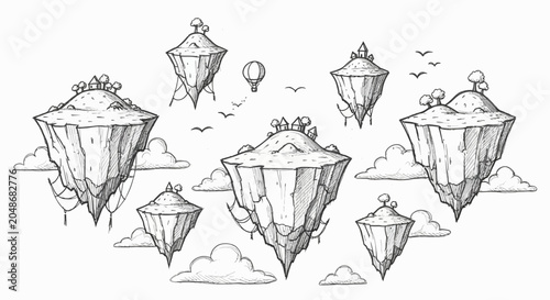 Hand Drawn Floating Islands Sketch with Clouds and Hot Air Balloon