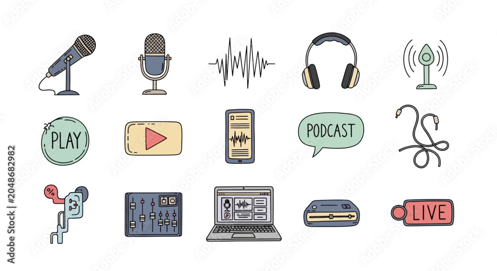 Fototapeta premium Hand Drawn Podcast and Audio Recording Icons Set