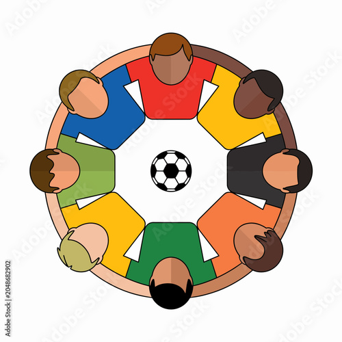 Top view vector illustration of a diverse group of soccer players in colorful jerseys standing in a circle around a football on a white background