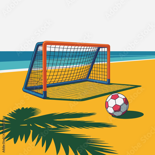 Flat vector illustration of a colorful soccer goal and ball on a sunny yellow beach with a palm leaf shadow and blue water