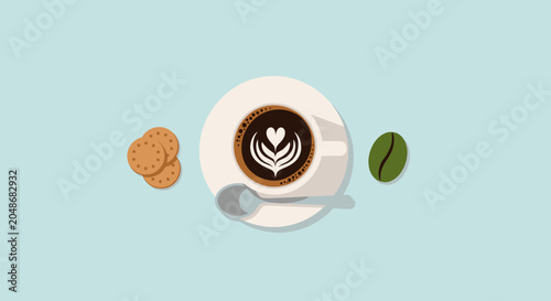 Latte Art Coffee Cup with Cookies and Coffee Bean on Blue Background