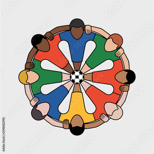 Vector illustration of a diverse team of soccer players with arms linked in a circle around a football, symbolizing unity and team spirit, top view