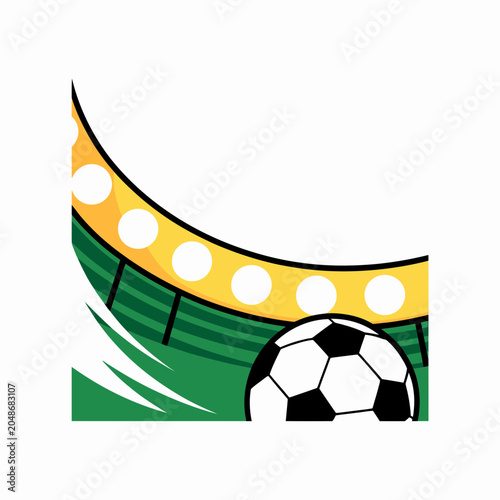 Stylized soccer ball on a green field with a curved stadium lighting structure and bright white lamps vector illustration