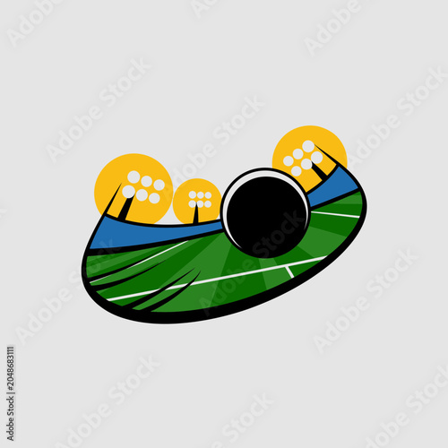 Abstract graphic design of a soccer ball on a green sports field with stylized yellow stadium lights in the background