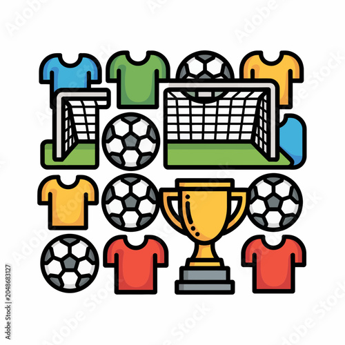 Collection of colorful soccer equipment including sports jerseys, goal nets, black and white footballs, and a golden winner trophy on white background