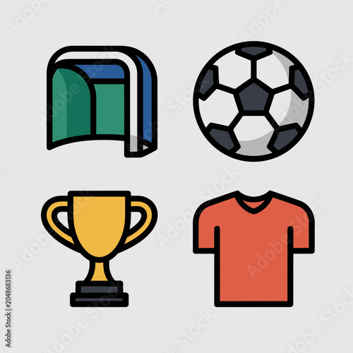 Set of four soccer icons featuring a goal net, a football, a golden championship trophy, and a red sports jersey on a light background