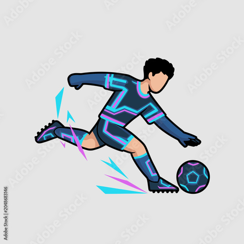Dynamic digital illustration of a soccer player in futuristic blue and purple uniform kicking a football with abstract motion lines on grey background