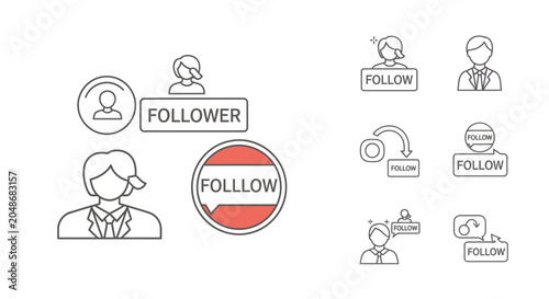 Social Media Follower and User Interaction Line Icon Set