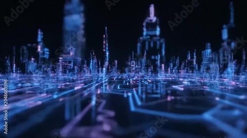 A futuristic cityscape at night showcases glowing blue circuits and towering skyscrapers with a distant blurred skyscraper under a dark sky.