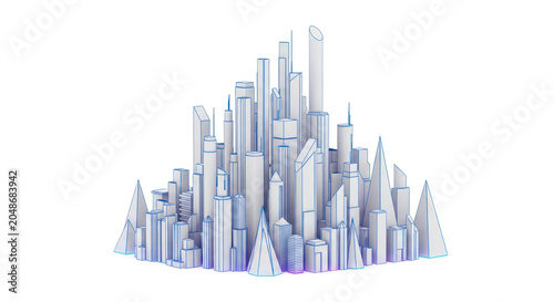 Abstract cityscape with blue outlines and white buildings against transparent background