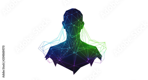Abstract digital human head silhouette with network connections and gradient lighting