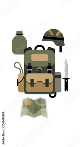 Military gear and supplies illustration backpack helmet canteen map isolated
