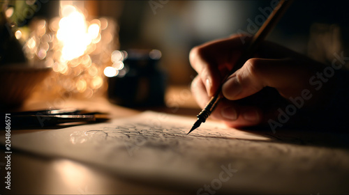 A calligrapher carefully sketches delicate flowing strokes with a slender golden pen on textured cream paper lit by soft warm bokeh lamplight