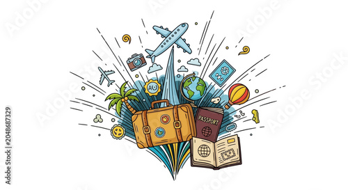 Travel and Tourism Concept Illustration with Hand Drawn Vacation Elements