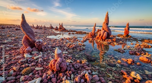 Unusual coral-like rock formations on a tranquil tropical beach during golden hour.