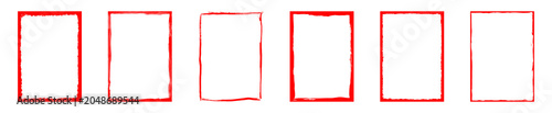 Photos Set of six vertical distressed red rectangular frames, collection of rough jagged borders, isolated