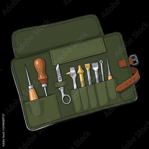 Durable canvas tool roll with essential manual tools for professional