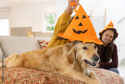 Two adults placing pumpkin hat on golden retriever lying on throw at home wearing mustard sweater