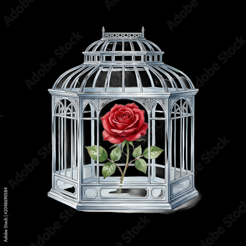 Classic silver picture frame with an oil painting of a red rose