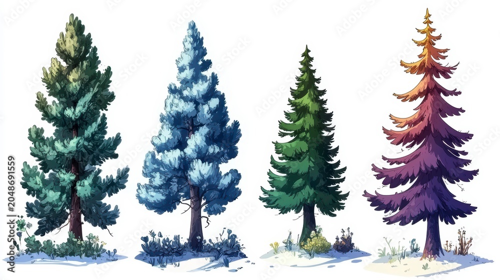 Fototapeta premium Four stylized evergreen trees in different colors.