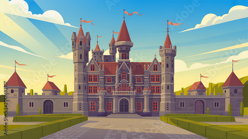 Grand stone palace with red roofs and landscaped grounds architecture building fortress landmark