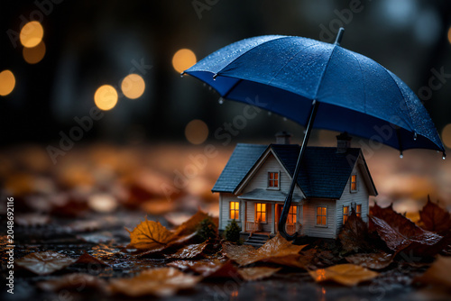 A small house under a blue umbrella in an autumn setting.