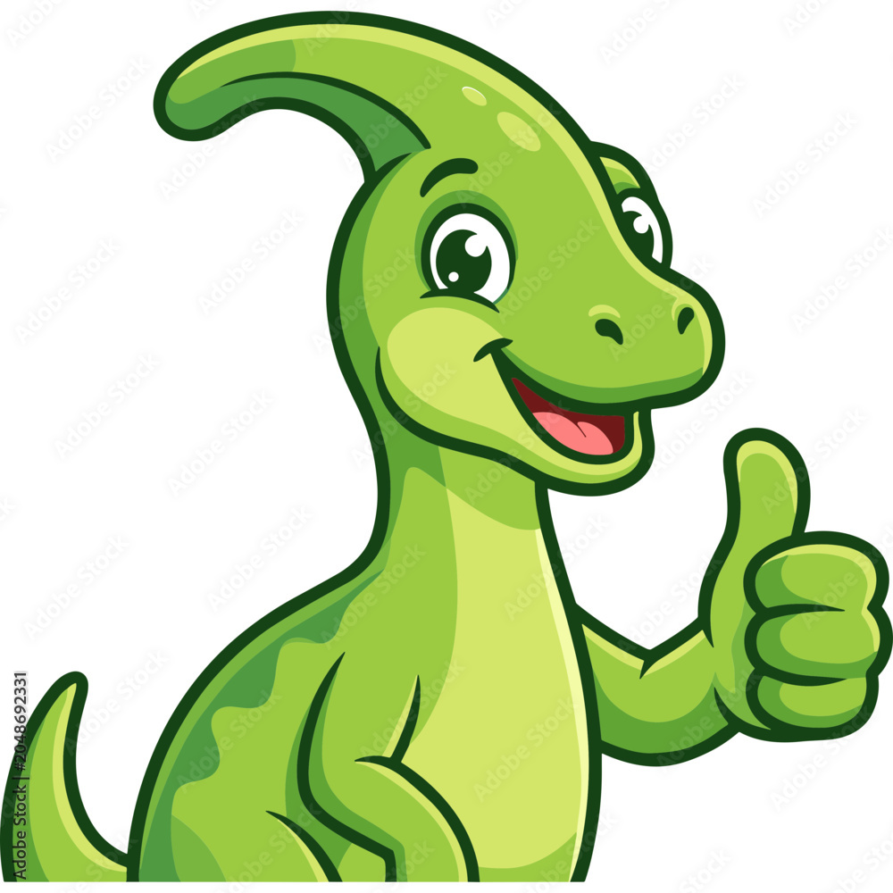 Fototapeta premium A cartoon green dinosaur gives a thumbs-up in a playful illustration.