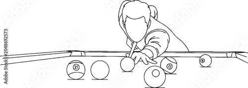 Person playing pool aiming cue stick precisely at balls.