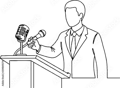 Businessman speaking at podium with vintage microphone illustration.