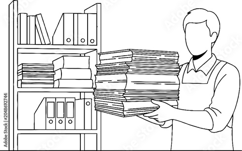 Office worker carrying large stack of files and documents.