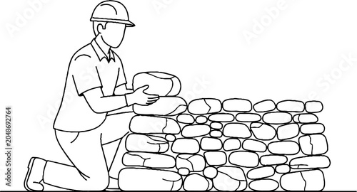 Construction worker building stone wall with cement bucket.