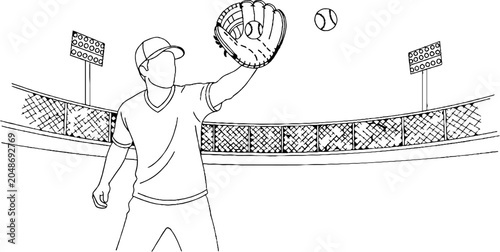 Baseball player catching ball with glove in stadium setting.