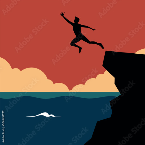 cliff-jumper-over-water a-high-energy-silhouette. 
